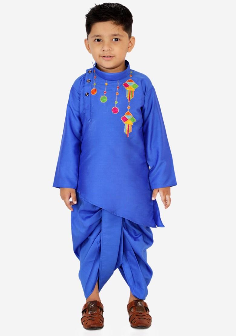 Blue Printed Blended Kurta Dhoti Set For Boys - Indya