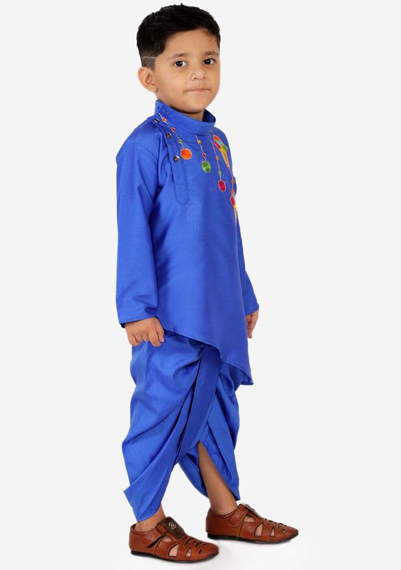 Blue Printed Blended Kurta Dhoti Set For Boys - Indya