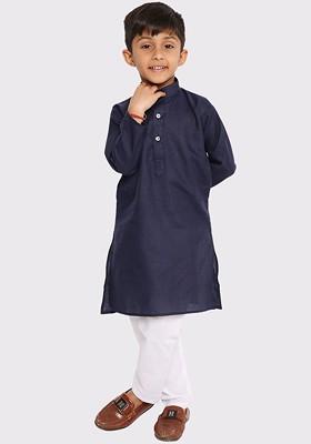 Navy Blue Embroidered Blended Kurta Set For Boys