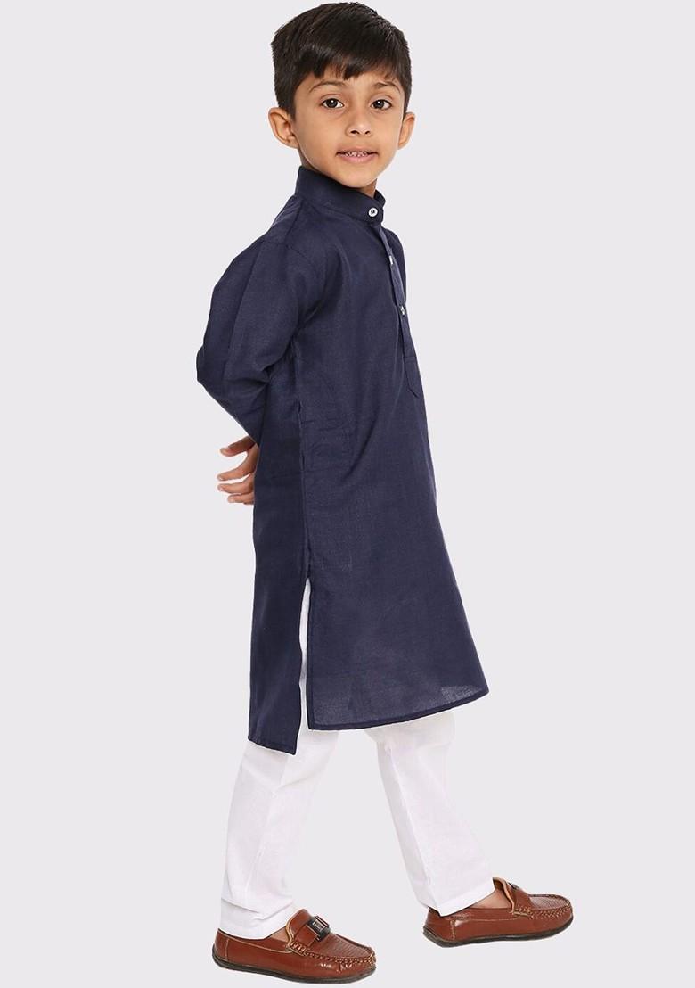 Navy Blue Embroidered Blended Kurta Set For Boys - Indya