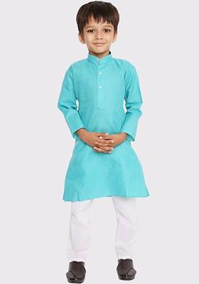 Teal Embroidered Blended Kurta Set For Boys