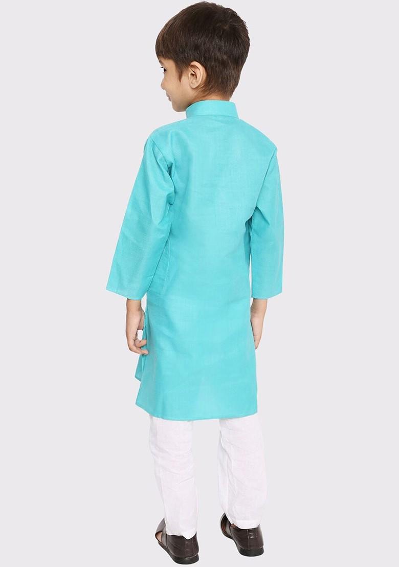 Teal Embroidered Blended Kurta Set For Boys - Indya