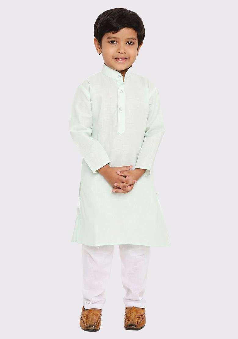 Lime Green Embroidered Blended Kurta Set For Boys - Indya