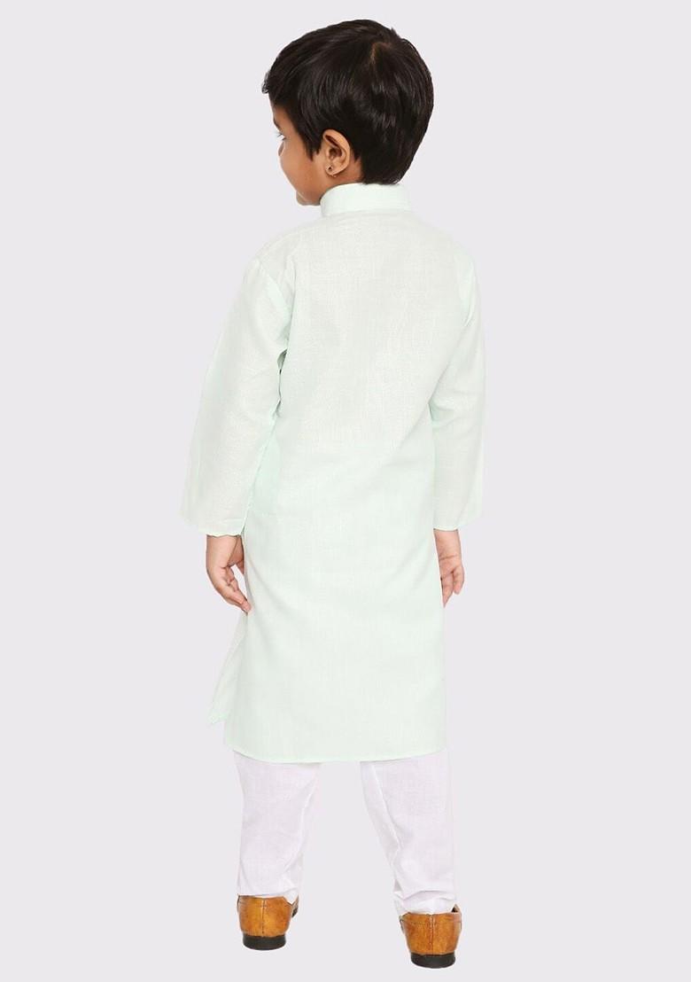Lime Green Embroidered Blended Kurta Set For Boys - Indya