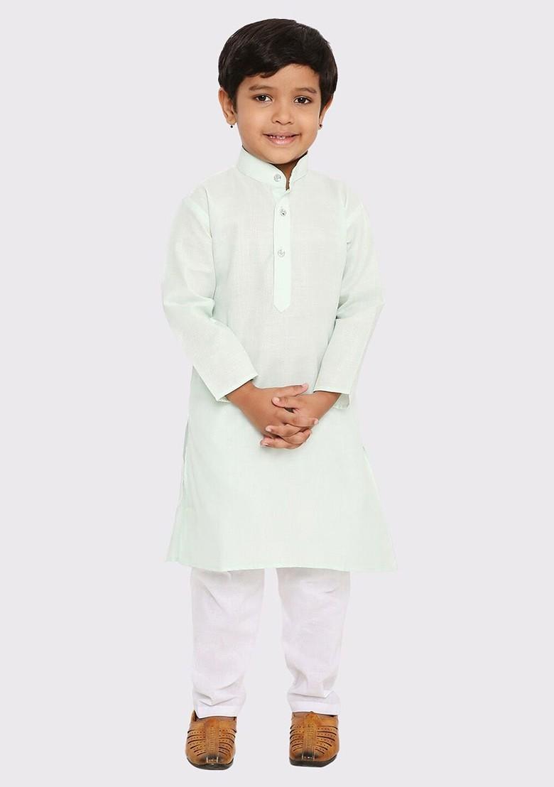Lime Green Embroidered Blended Kurta Set For Boys - Indya