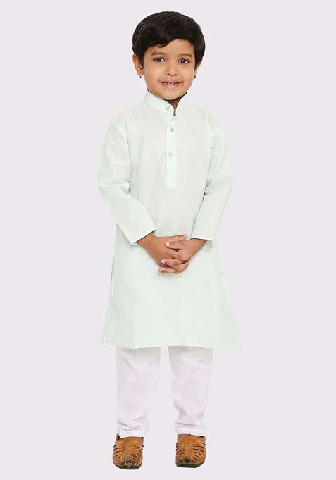 Lime Green Embroidered Blended Kurta Set For Boys