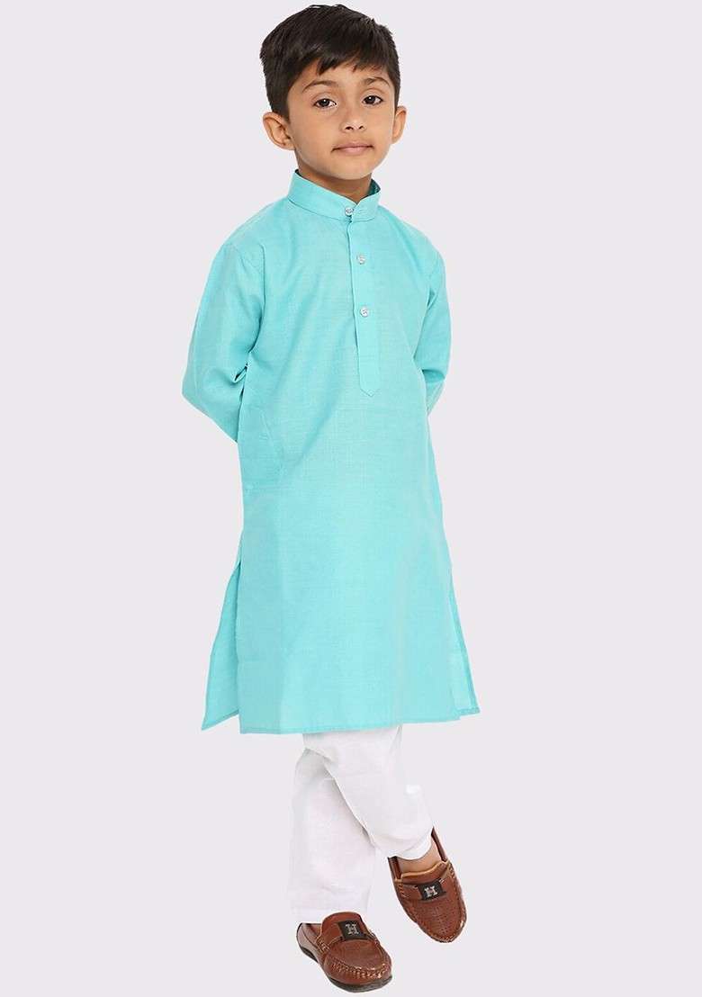 Turquoise Blue Embroidered Blended Kurta Set For Boys - Indya