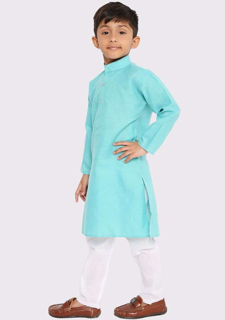Turquoise Blue Embroidered Blended Kurta Set For Boys - Indya