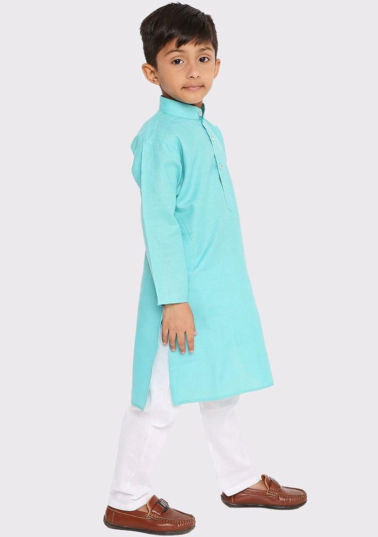 Turquoise Blue Embroidered Blended Kurta Set For Boys - Indya
