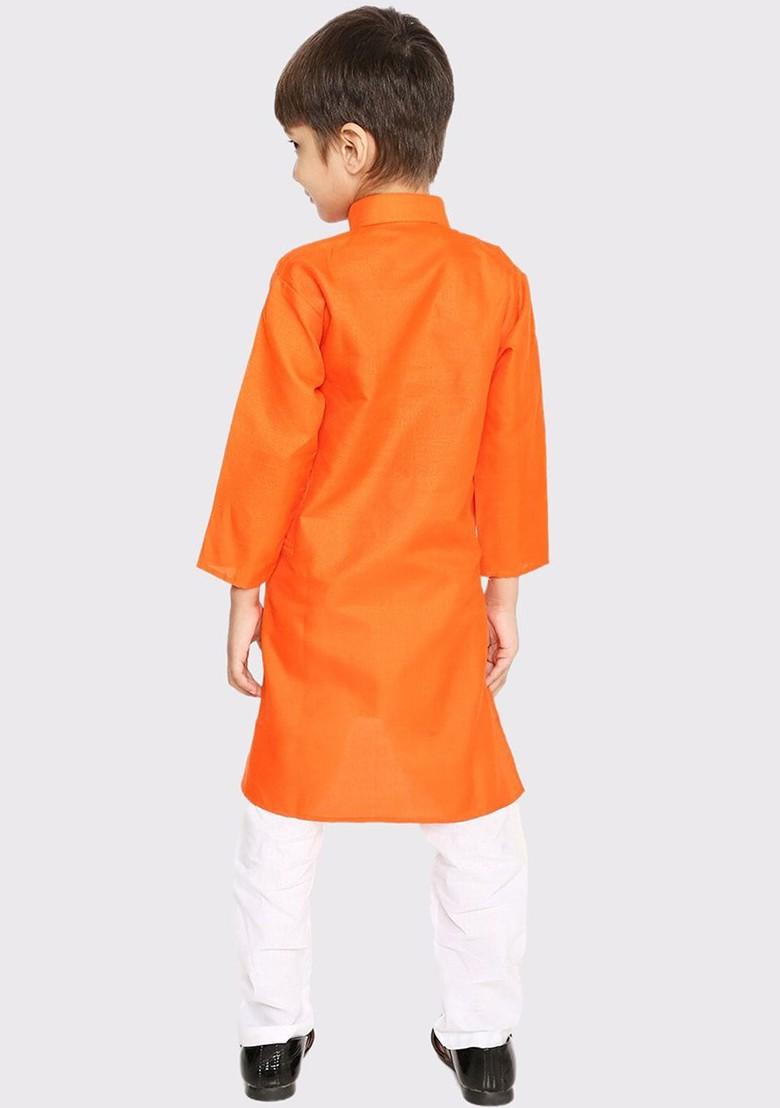 Orange Embroidered Blended Kurta Set For Boys - Indya