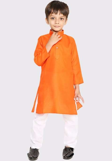 Orange Embroidered Blended Kurta Set For Boys