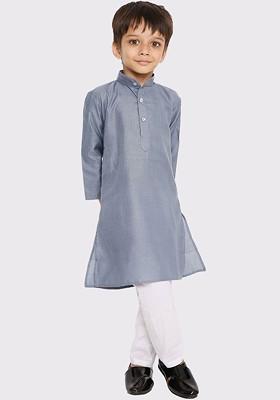 Grey Embroidered Blended Kurta Set For Boys