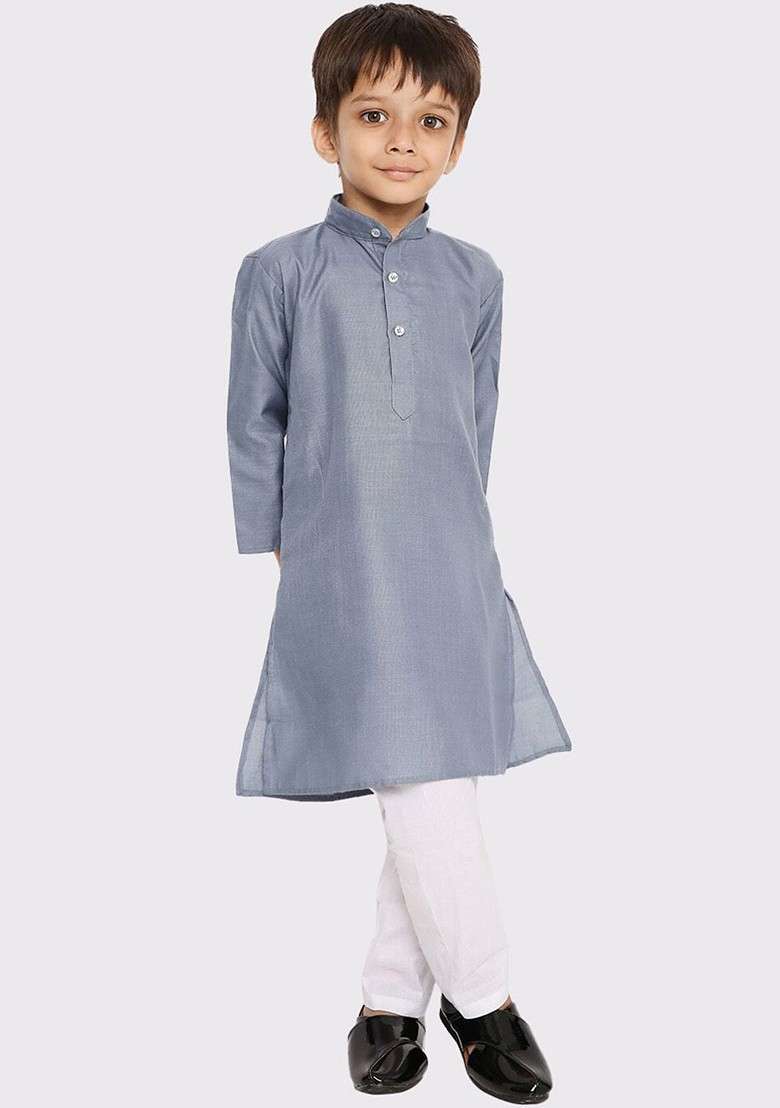 Grey Embroidered Blended Kurta Set For Boys - Indya