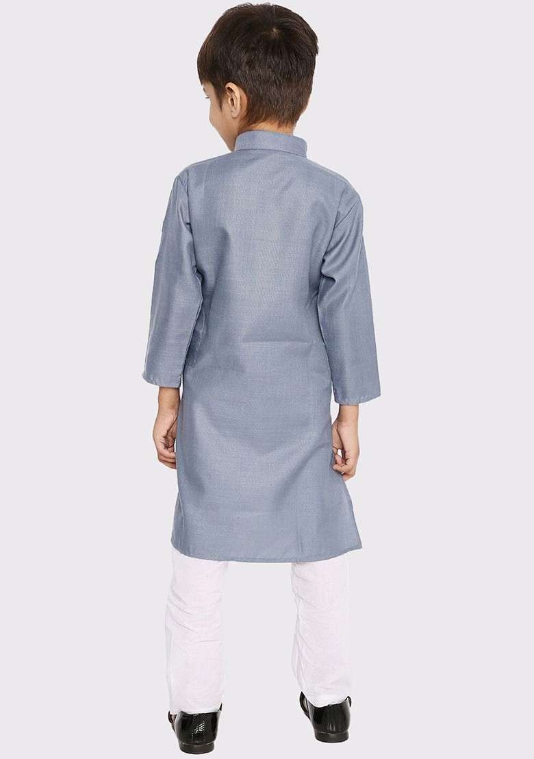 Grey Embroidered Blended Kurta Set For Boys - Indya