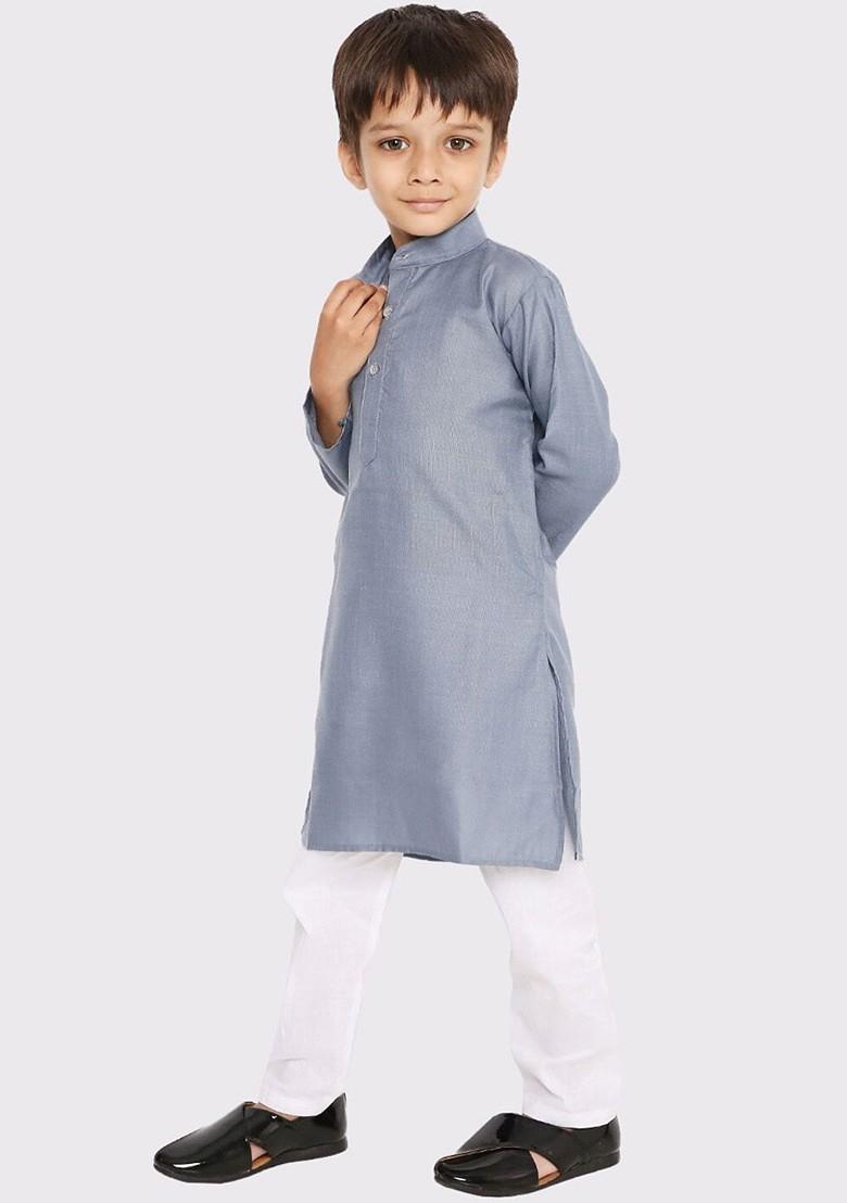 Grey Embroidered Blended Kurta Set For Boys - Indya