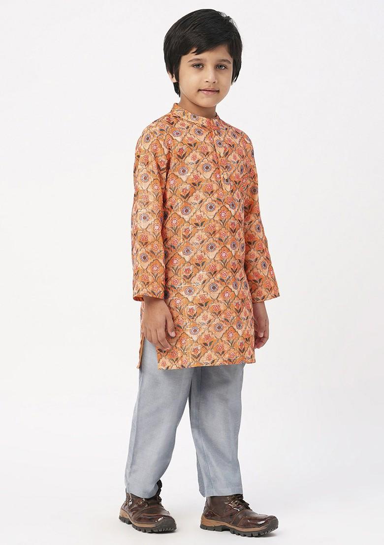Orange Printed Blended Kurta Set For Boys - Indya