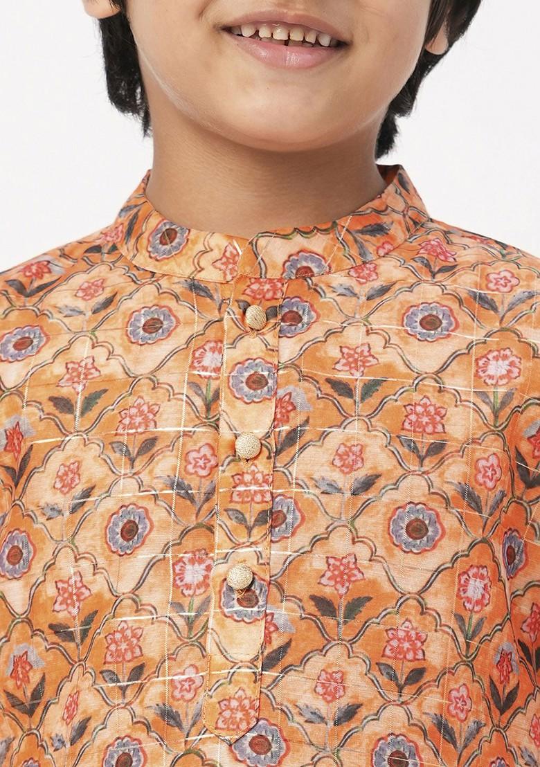 Orange Printed Blended Kurta Set For Boys - Indya