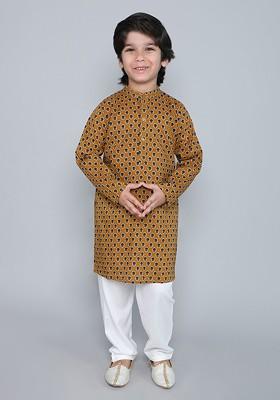 Mustard Printed Cotton Kurta Set For Boys