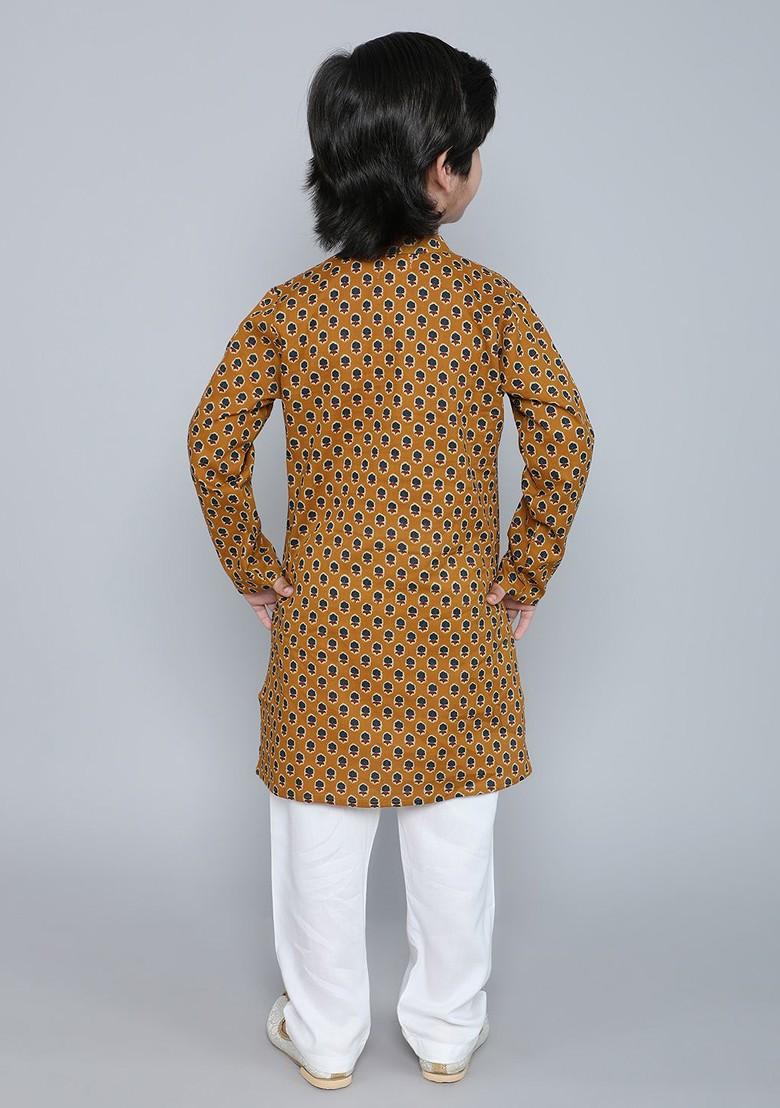 Mustard Printed Cotton Kurta Set For Boys - Indya