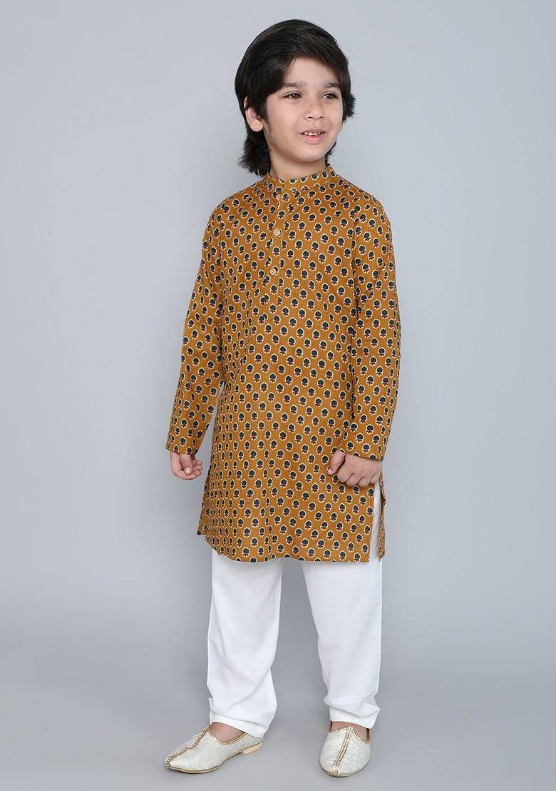 Mustard Printed Cotton Kurta Set For Boys - Indya