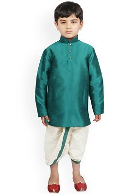 Teal Embroidered Blended Kurta Dhoti Set For Boys
