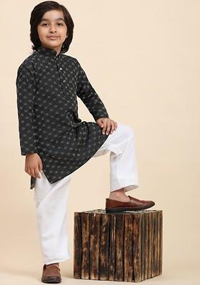 Black Checked Cotton Kurta Set For Boys