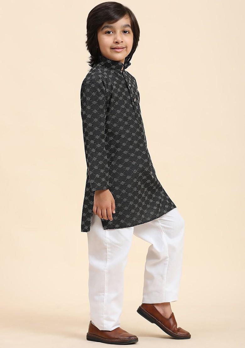 Black Checked Cotton Kurta Set For Boys - Indya