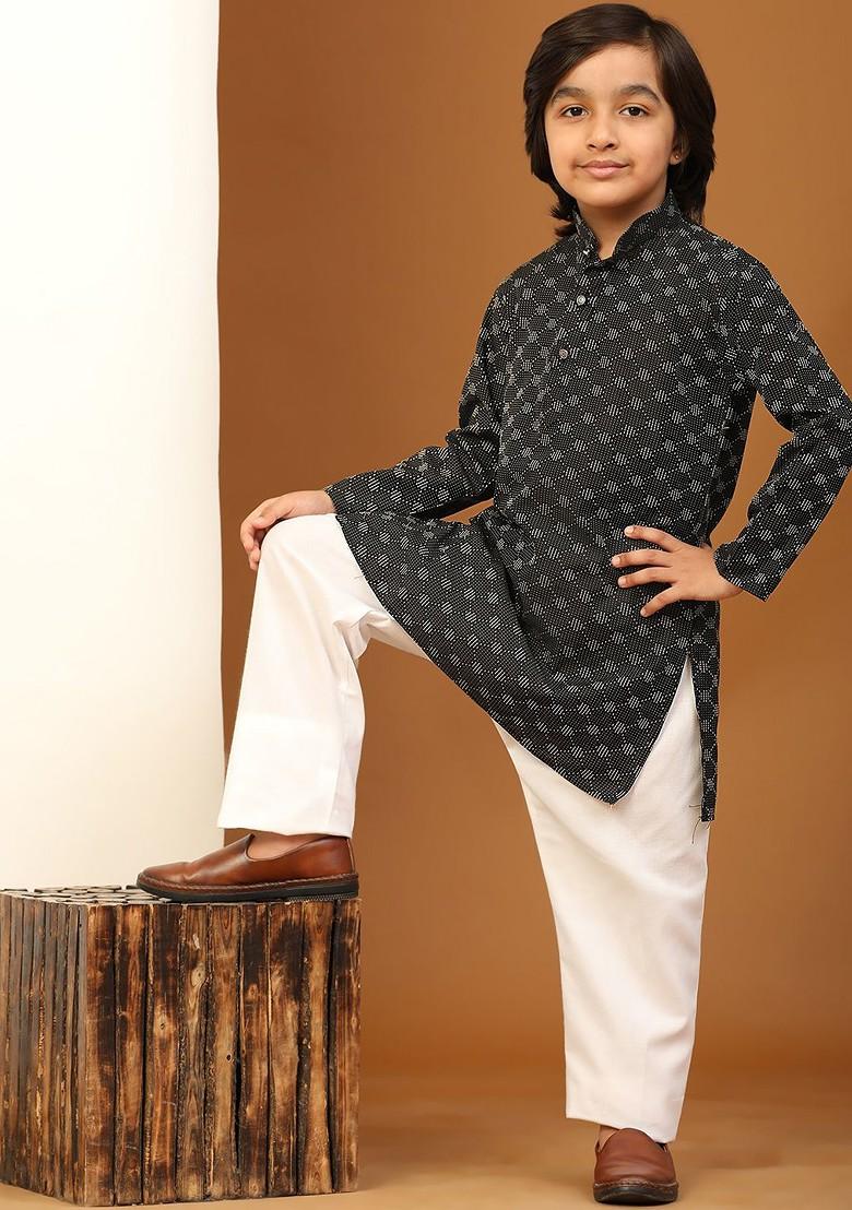 Black Checked Cotton Kurta Set For Boys - Indya