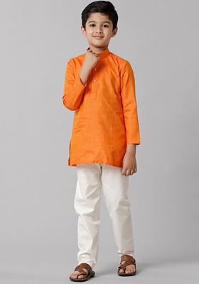 Orange Embroidered Blended Kurta Set For Boys