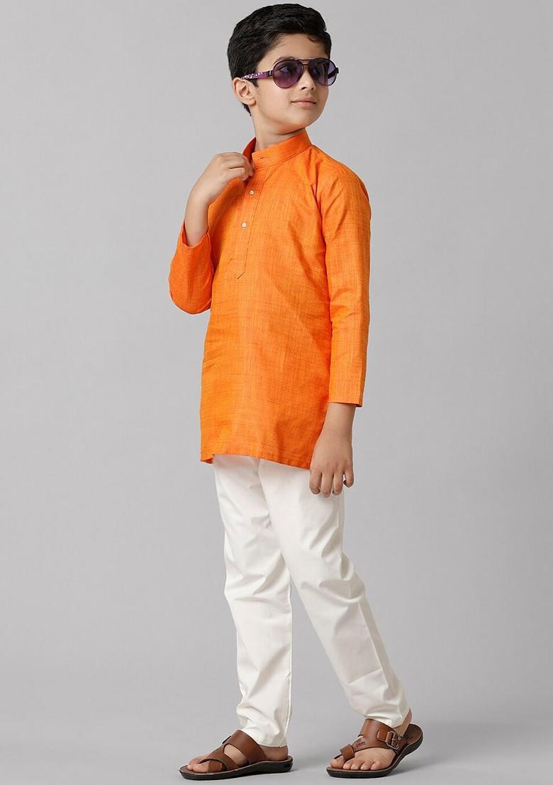 Orange Embroidered Blended Kurta Set For Boys - Indya