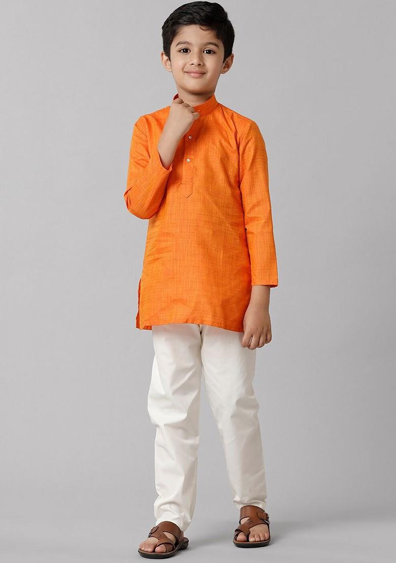 Orange Embroidered Blended Kurta Set For Boys - Indya
