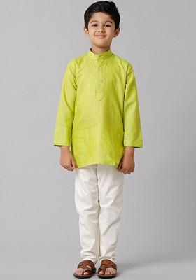 Green Embroidered Blended Kurta Set For Boys