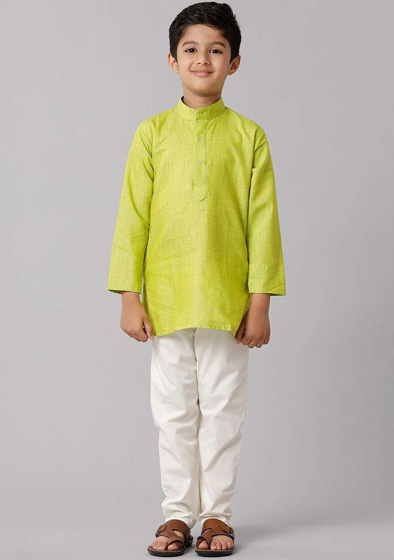 Green Embroidered Blended Kurta Set For Boys - Indya