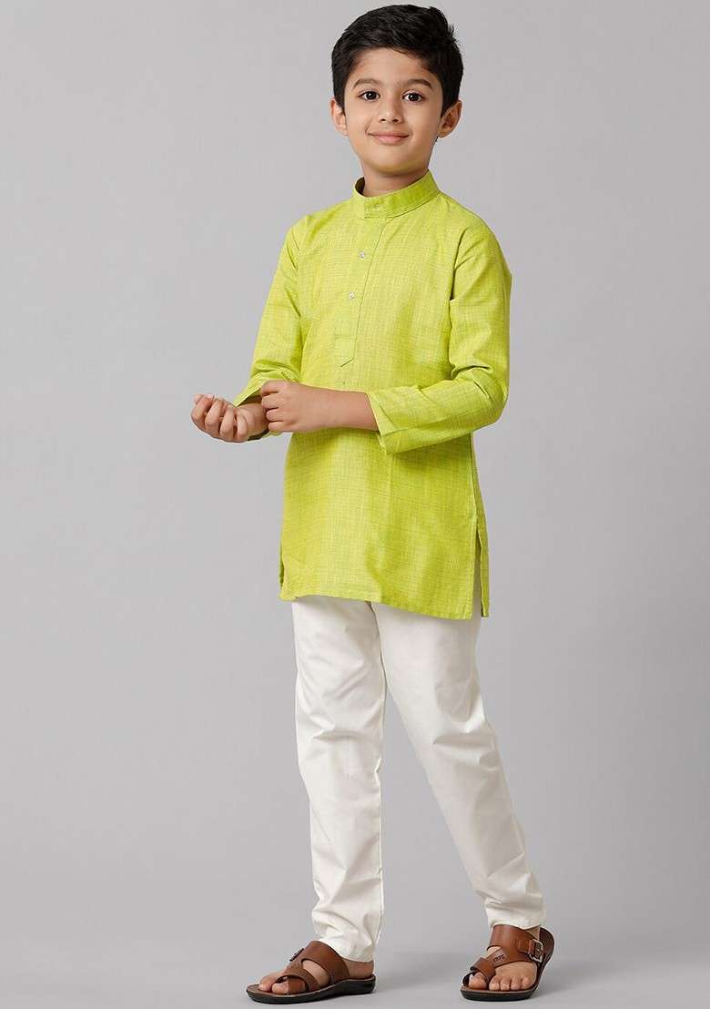 Green Embroidered Blended Kurta Set For Boys - Indya