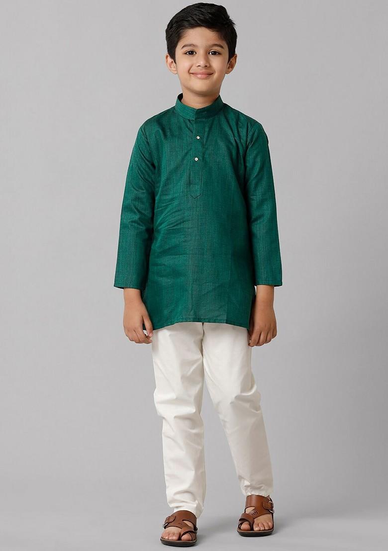 Green Embroidered Blended Kurta Set For Boys - Indya