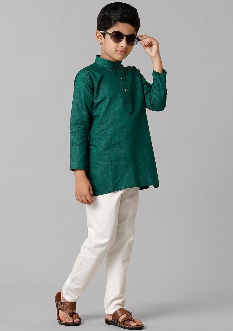 Green Embroidered Blended Kurta Set For Boys - Indya