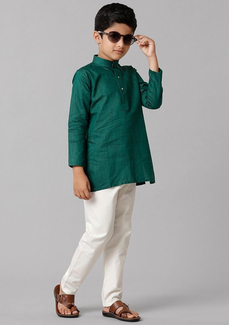 Green Embroidered Blended Kurta Set For Boys - Indya
