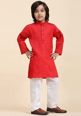 Maroon Embroidered Blended Kurta Set For Boys