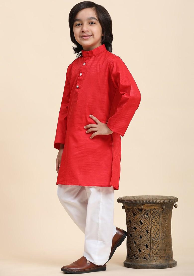 Maroon Embroidered Blended Kurta Set For Boys - Indya