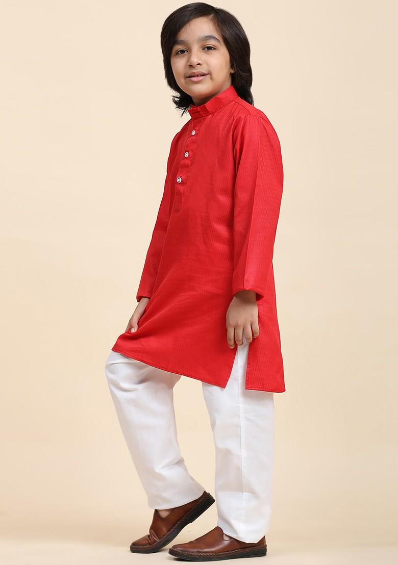 Maroon Embroidered Blended Kurta Set For Boys - Indya