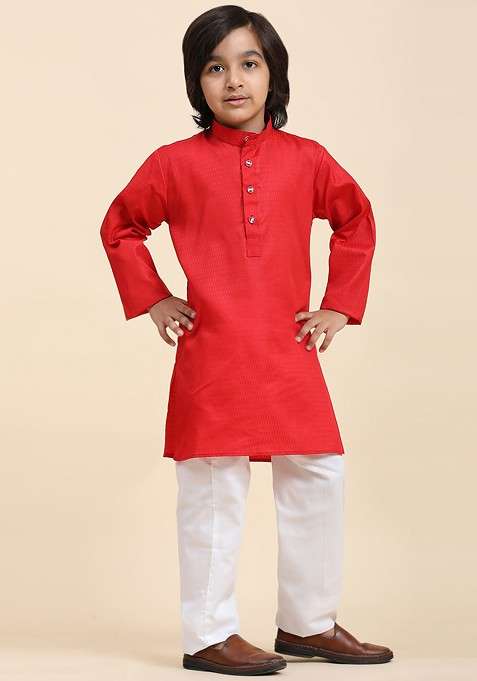 Maroon Embroidered Blended Kurta Set For Boys