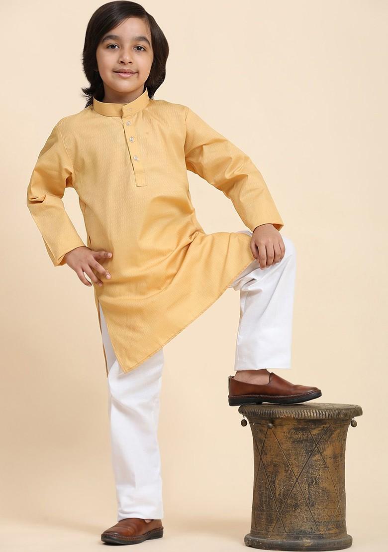 Beige Embroidered Blended Kurta Set For Boys - Indya