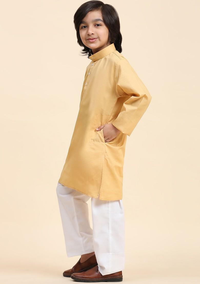 Beige Embroidered Blended Kurta Set For Boys - Indya