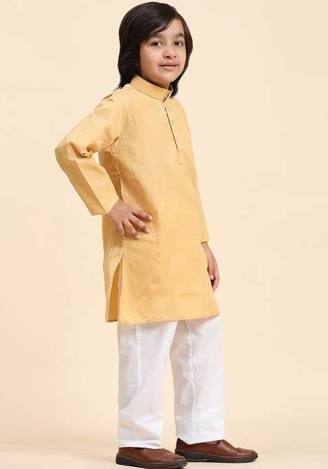 Beige Embroidered Blended Kurta Set For Boys