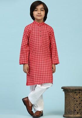 Red Printed Blended Kurta Set For Boys
