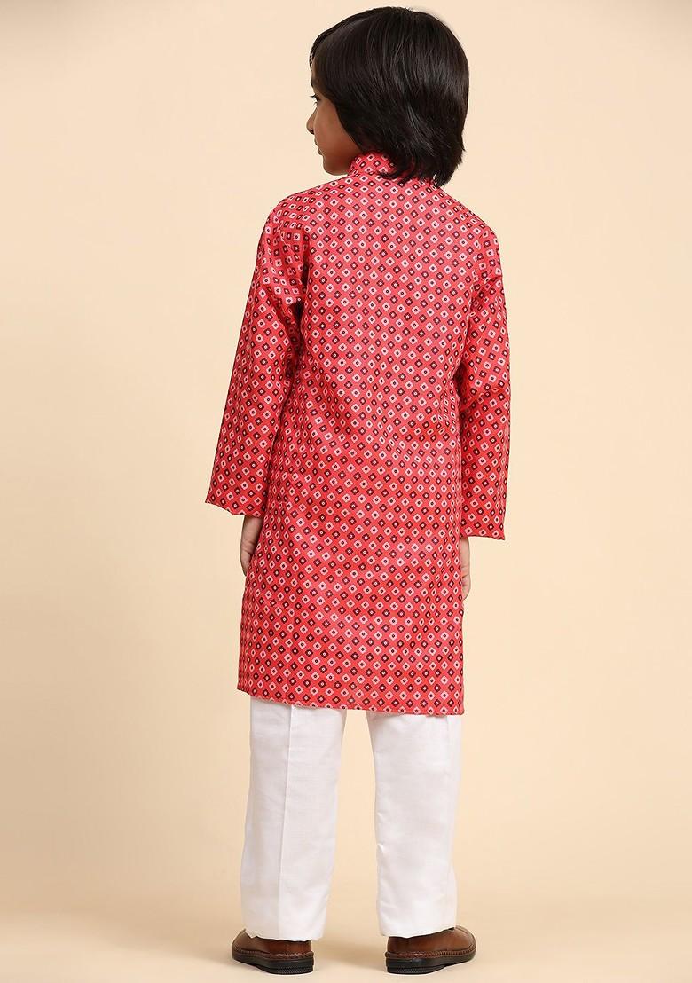 Red Printed Blended Kurta Set For Boys - Indya