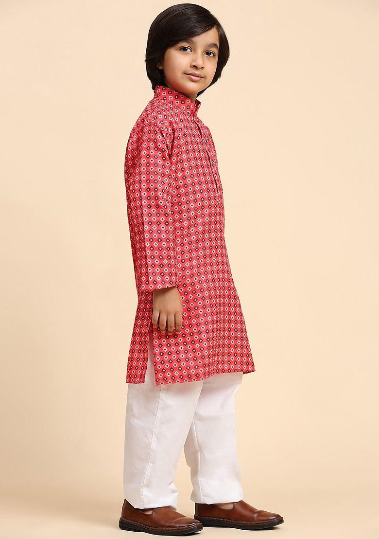 Red Printed Blended Kurta Set For Boys - Indya