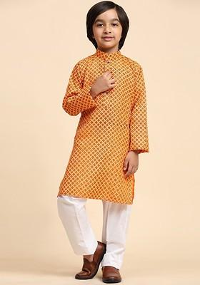 Orange Printed Blended Kurta Set For Boys