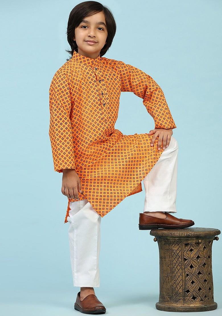 Orange Printed Blended Kurta Set For Boys - Indya