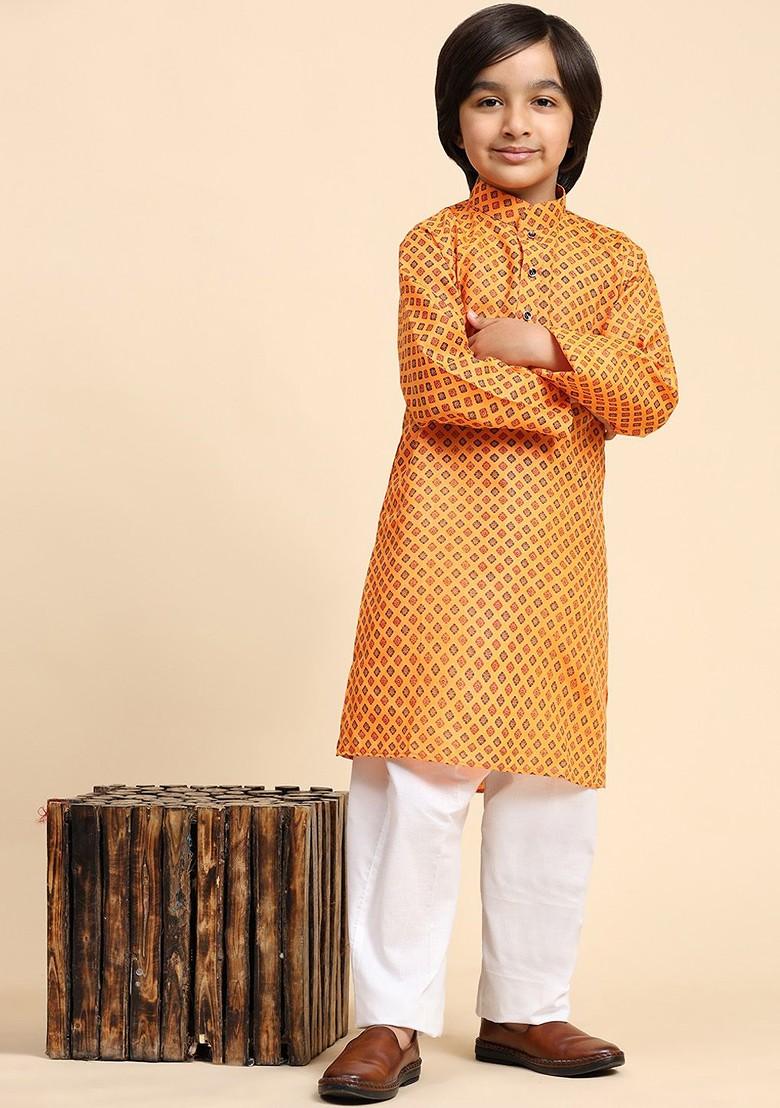 Orange Printed Blended Kurta Set For Boys - Indya
